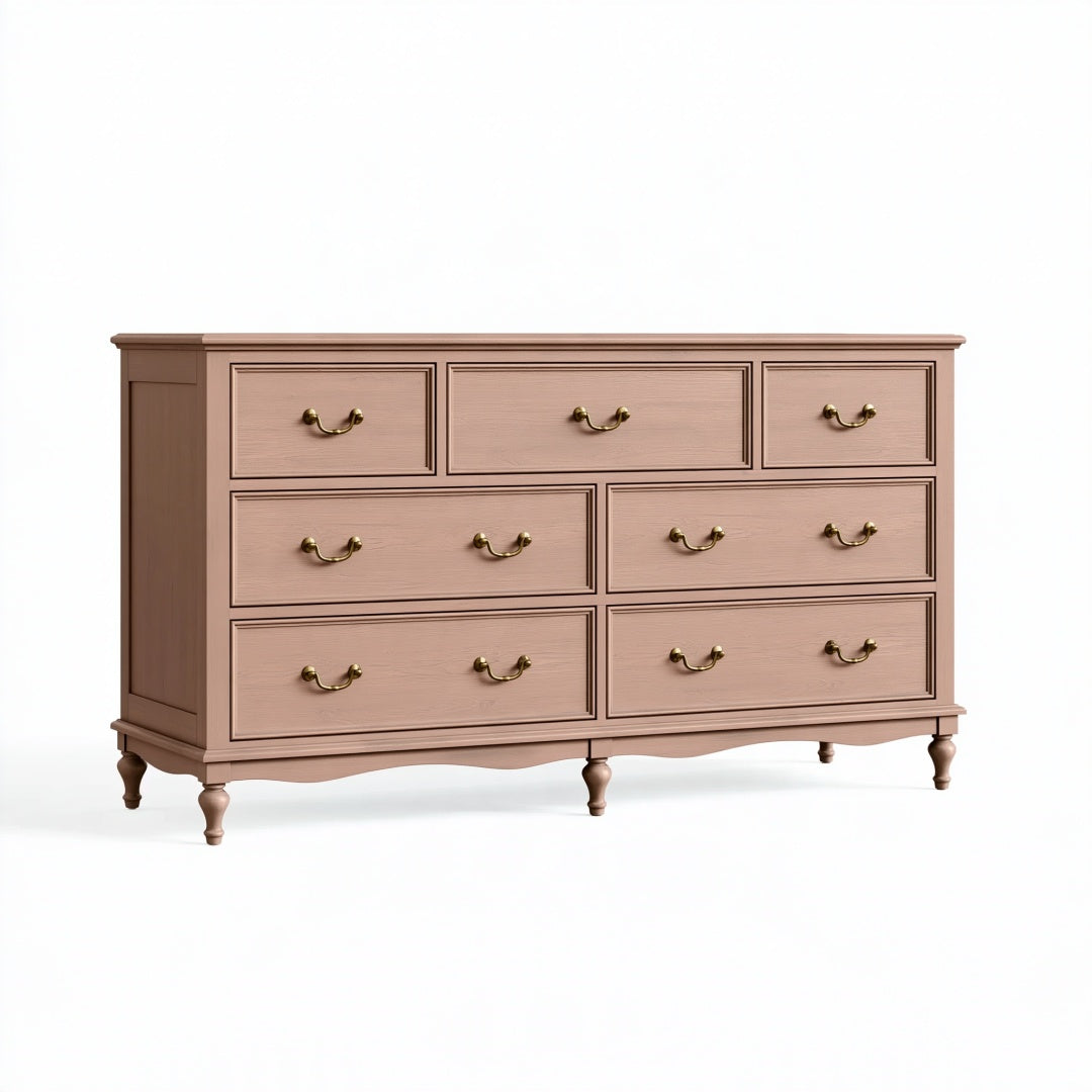 Cassettiera 180 x 50 x 90 cm in legno rosa cipria con 9 cassetti stile classico