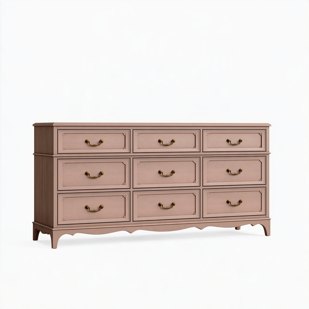 Cassettiera 160 x 45 x 85 cm in legno rosa antico con 9 cassetti stile classico