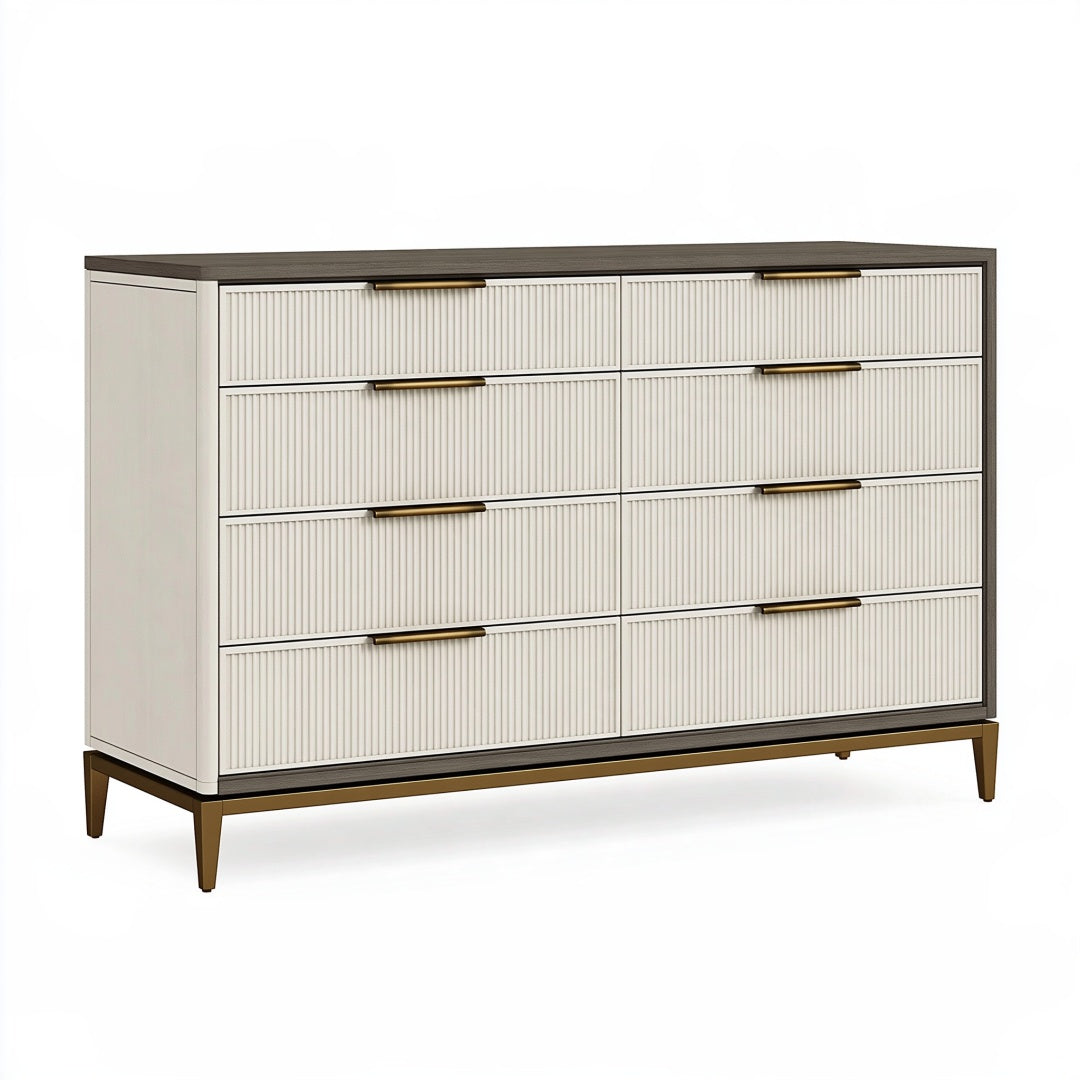 Cassettiera 160 x 45 x 90 cm in legno bianco e marrone con 8 cassetti stile moderno