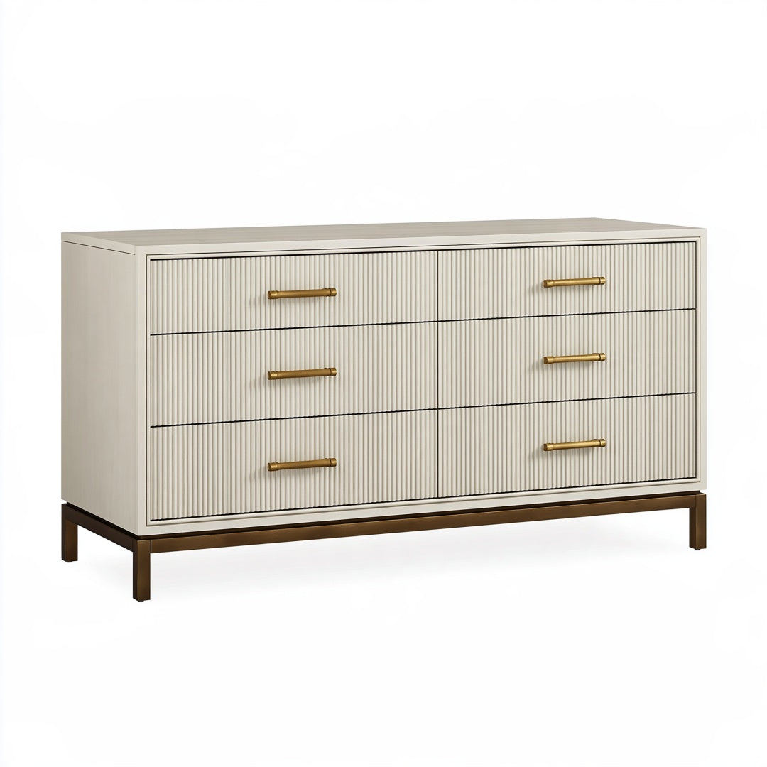 Cassettiera 150x45x85 cm in pannelli di legno beige con sei cassetti stile moderno