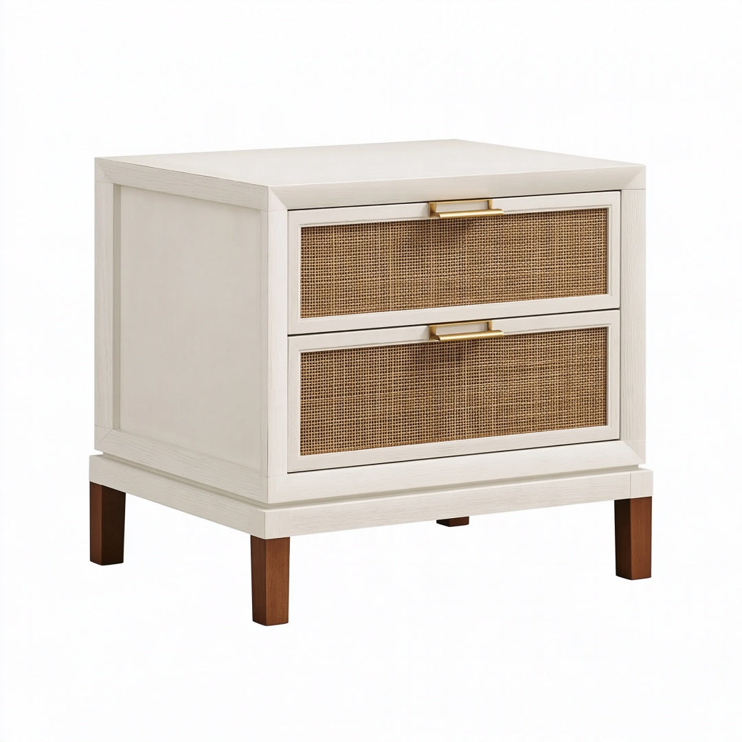 Comodino 60 x 45 x 65 cm in legno bianco e rattan - due cassetti stile naturale