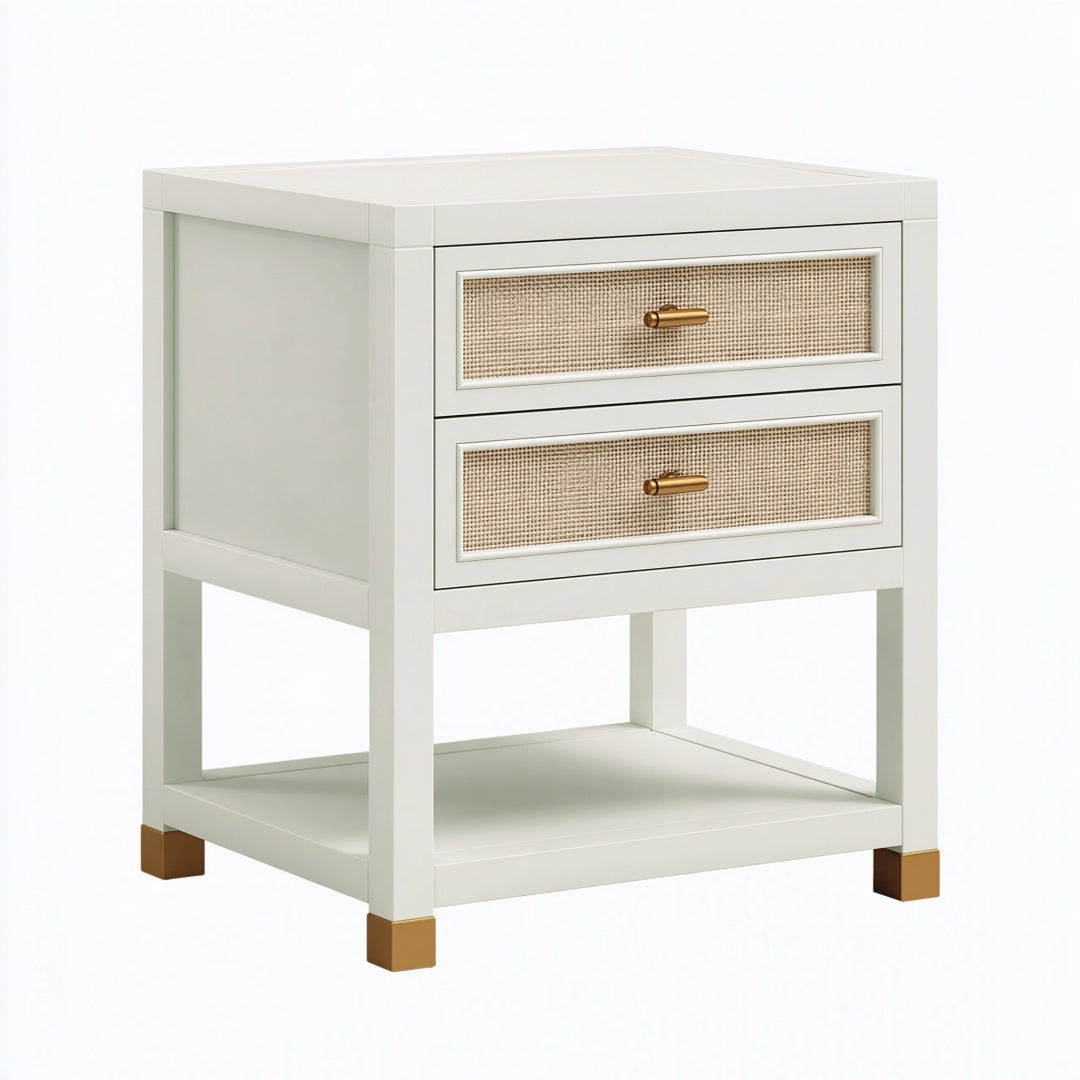 Comodino 55 x 45 x 65 cm in legno bianco con cassetti in rattan stile moderno