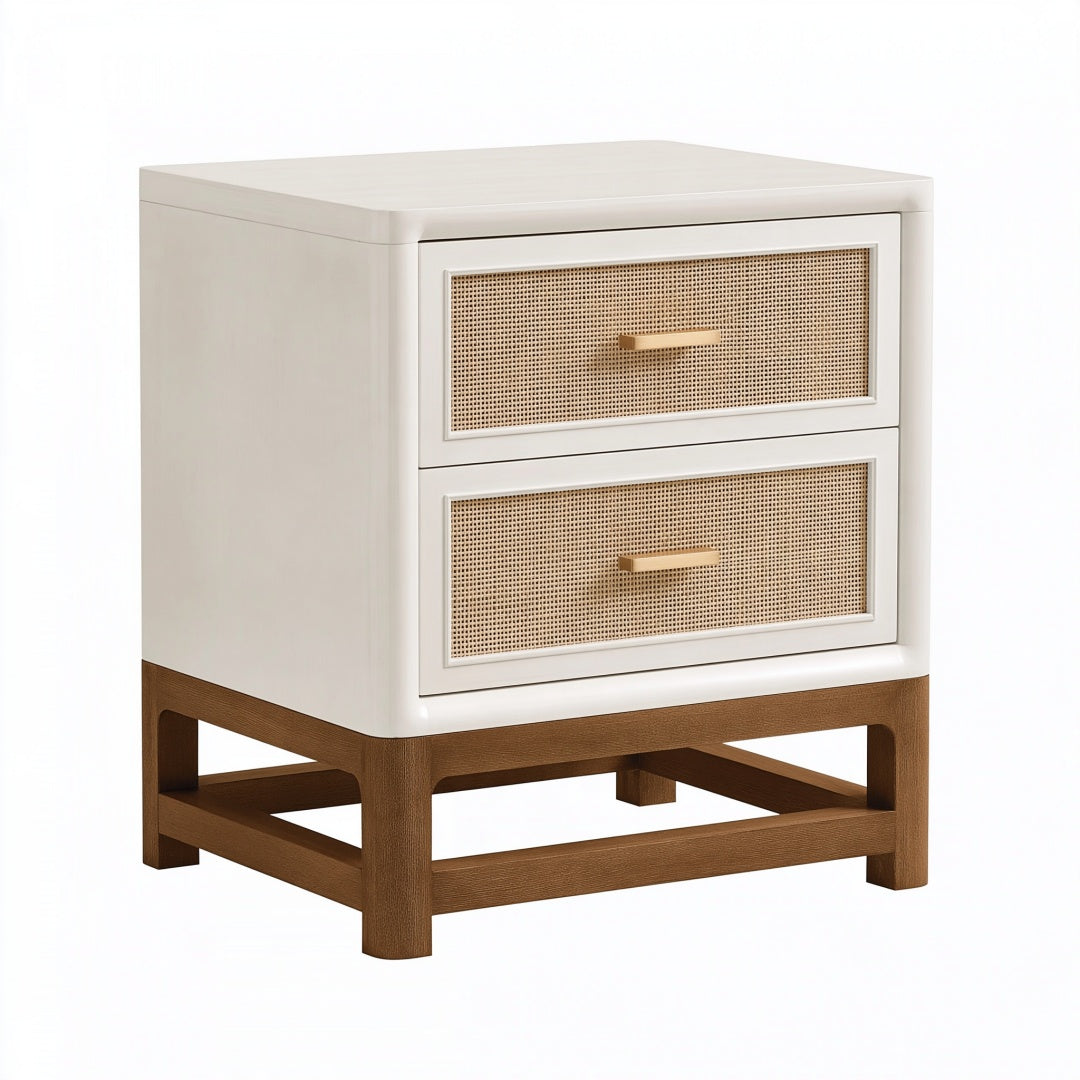 Comodino 50 x 40 x 60 cm in legno bianco e marrone con cassetti in rattan stile naturale