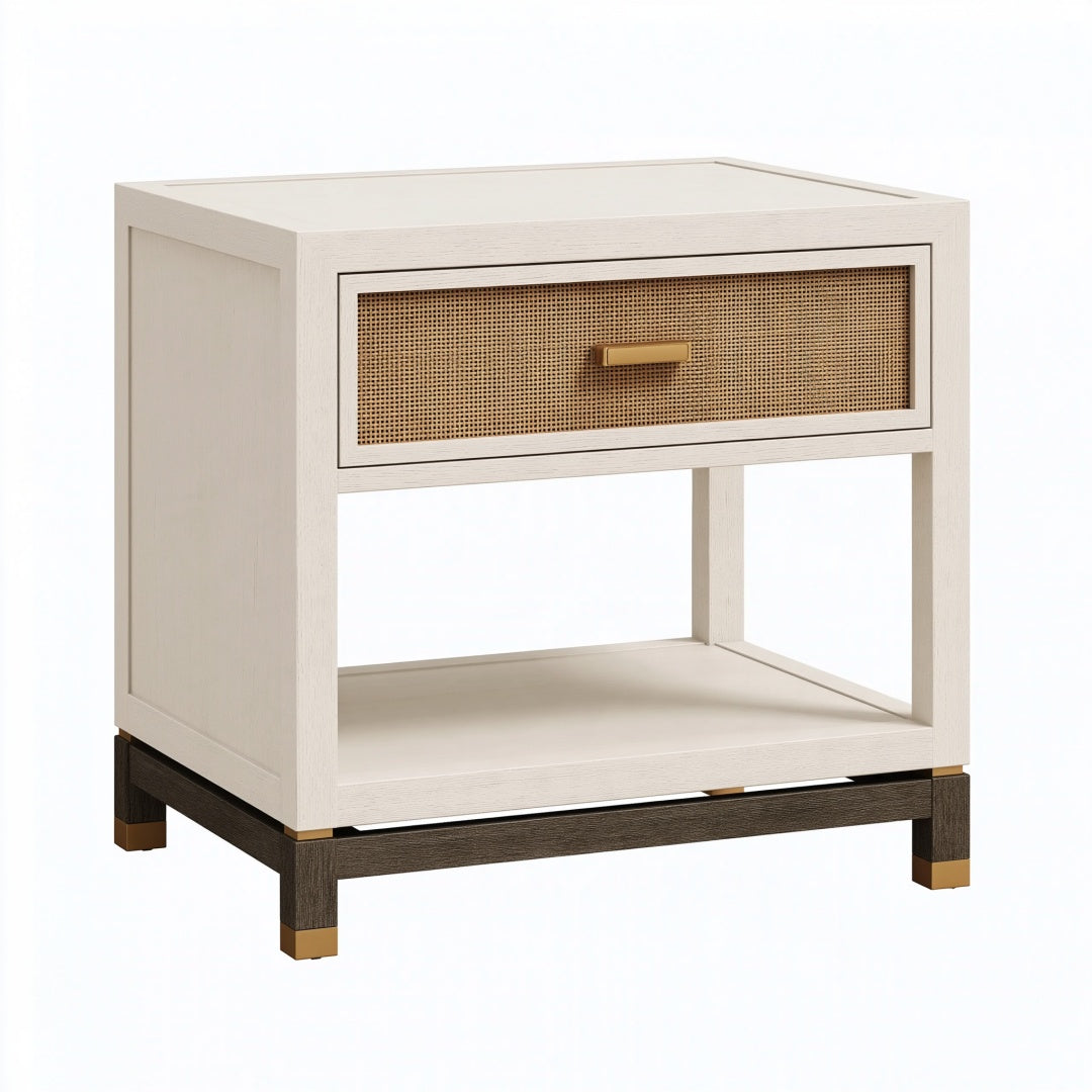 Comodino 55 x 45 x 60 cm in legno e rattan beige con cassetto stile moderno
