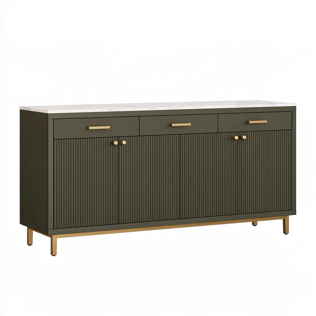 Credenza 160 x 40 x 85 cm verde scuro in legno con piano effetto marmo e ante scanalate