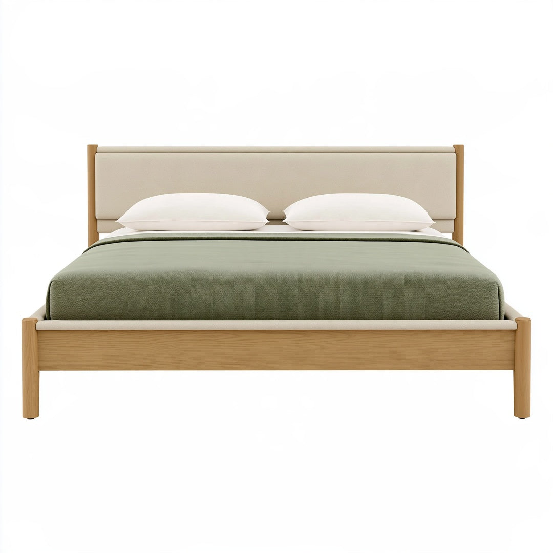 Letto matrimoniale 160 x 200 cm in legno naturale e tessuto beige - stile moderno con testiera imbottita