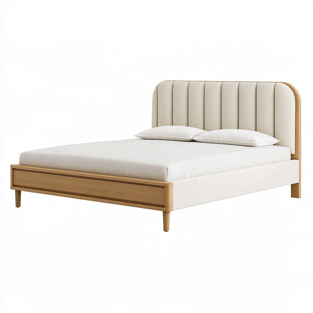 Letto matrimoniale 160 x 200 cm in tessuto beige e legno naturale - testiera imbottita a pannelli