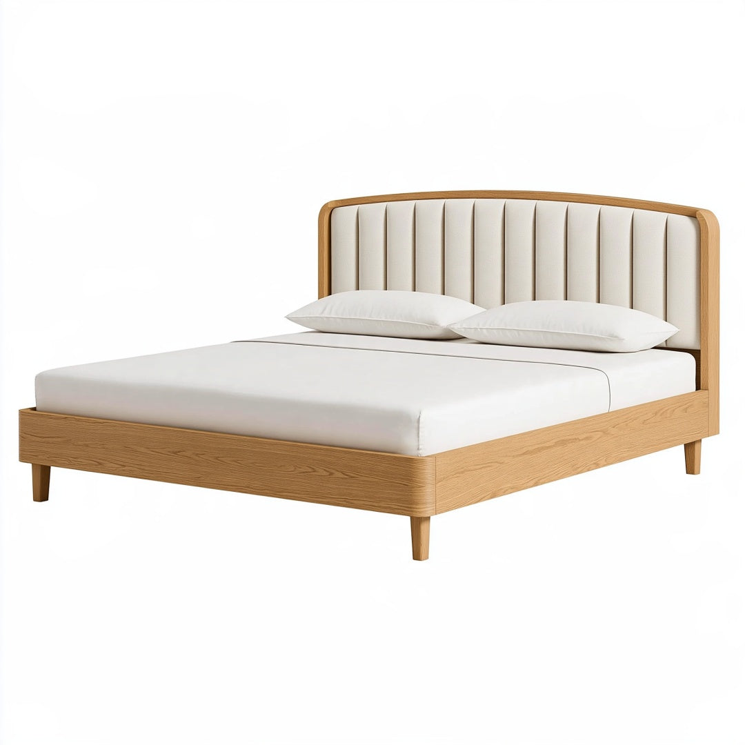 Letto matrimoniale 160 x 200 cm in legno beige naturale con testiera imbottita