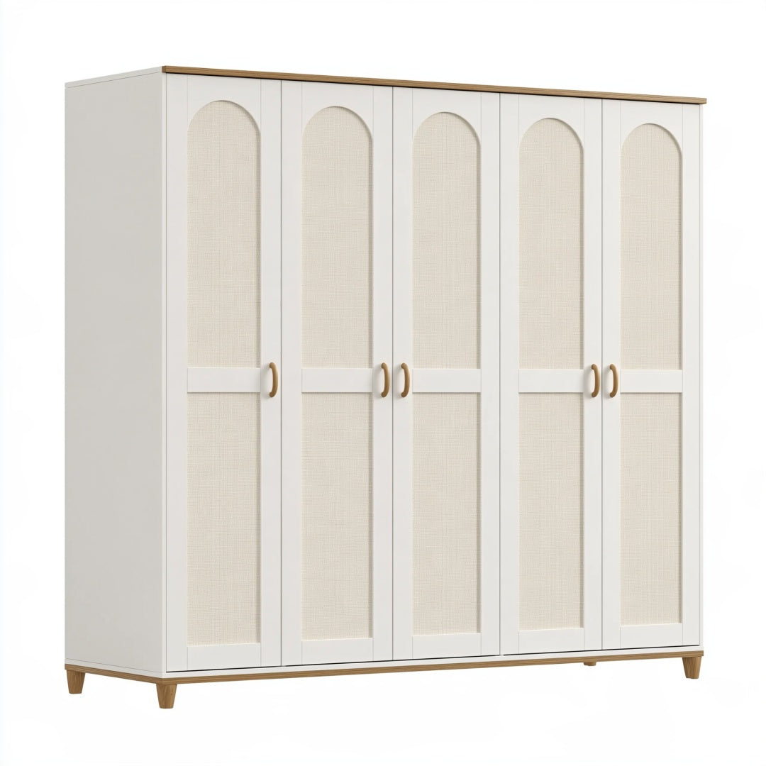 Armadio guardaroba 240x60x200 cm in legno bianco con inserti intrecciati - sei ante stile contemporaneo