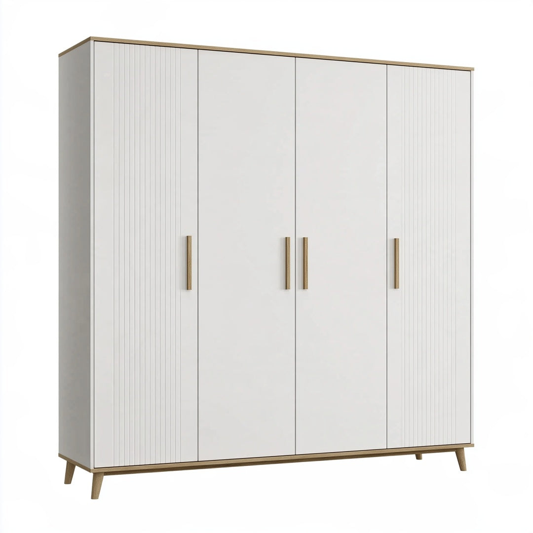 Armadio guardaroba 180 x 52 x 200 cm bianco e legno a 4 ante stile moderno