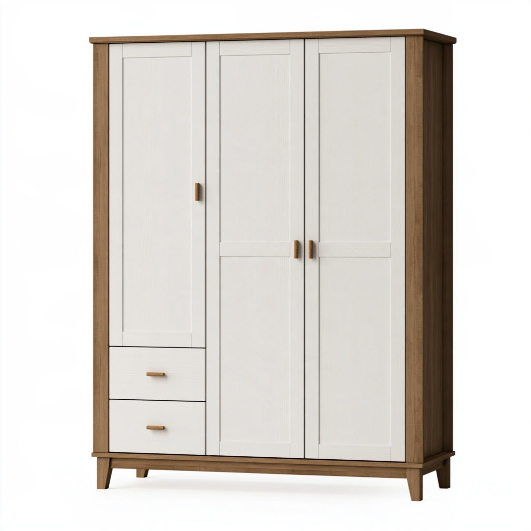 Armadio 150 x 60 x 200 cm in legno ingegnerizzato bianco e marrone con 3 ante e 2 cassetti stile moderno