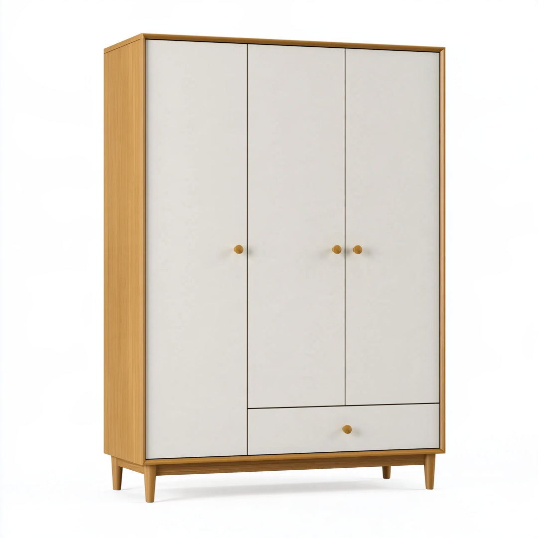 Armadio guardaroba 120 x 55 x 190 cm in legno ingegnerizzato bianco e rovere con 3 ante e cassetto stile nordico
