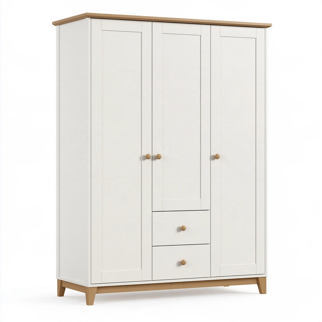 Armadio 140 x 52 x 200 cm in legno bianco e rovere con 3 ante e 2 cassetti stile moderno