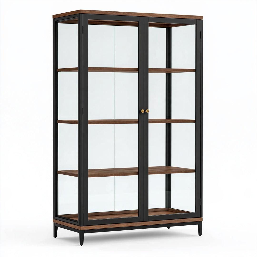 Vetrina 100 x 40 x 190 cm in vetro e metallo nero con ripiani effetto legno