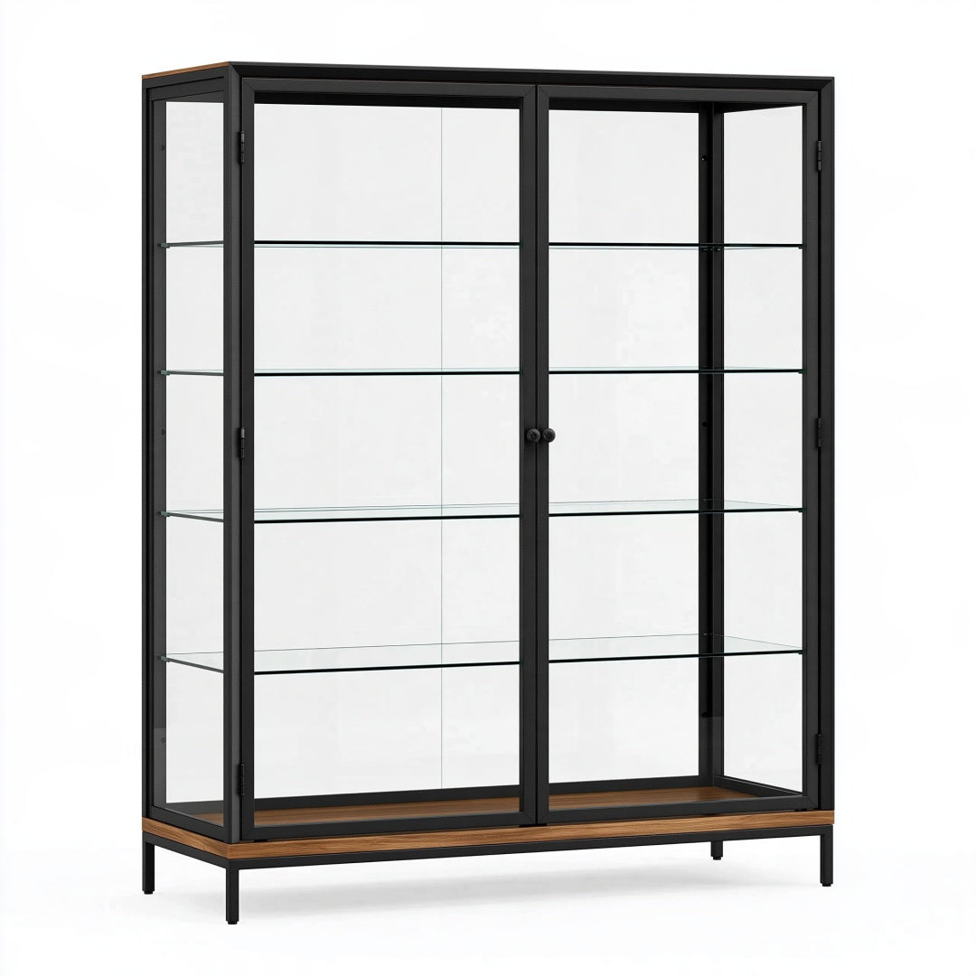 Vetrina 120 x 40 x 190 cm in metallo e vetro nero con ripiani espositivi stile industriale