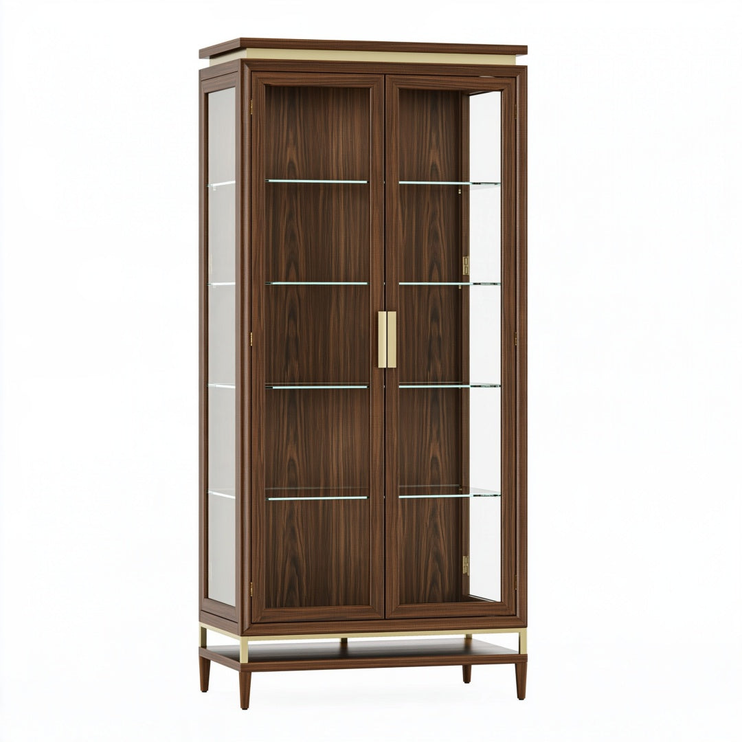 Vetrina 100 x 45 x 200 cm in legno e vetro noce con ante doppie stile classico per soggiorno